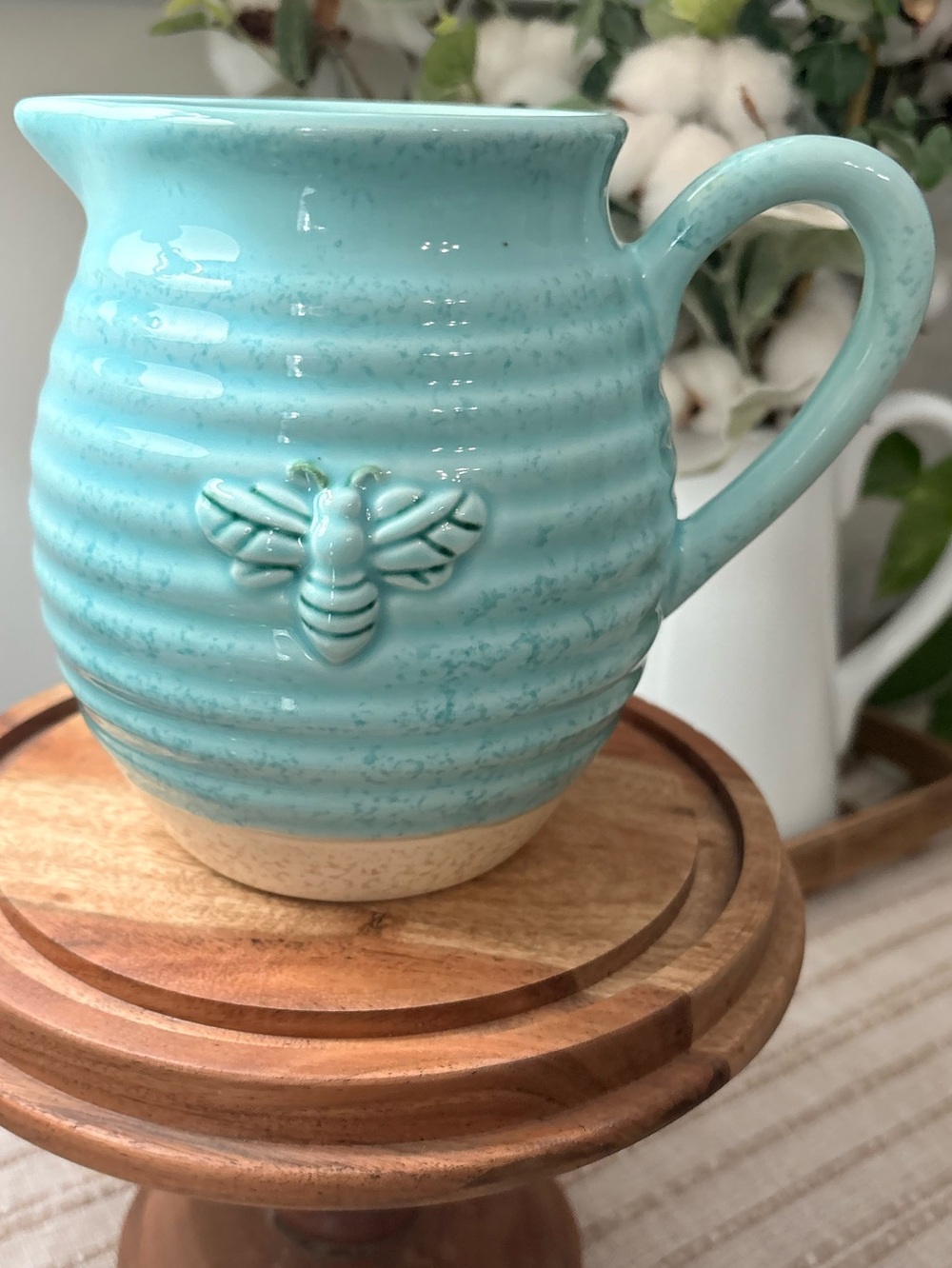 Teleflora Ceramic Busy Bee Motif Pitcher Decanter Vase Light Teal & Cream 6”